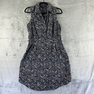 A. Byer Dress Women's L Navy Blue w/ Tan & White Print Button Front.